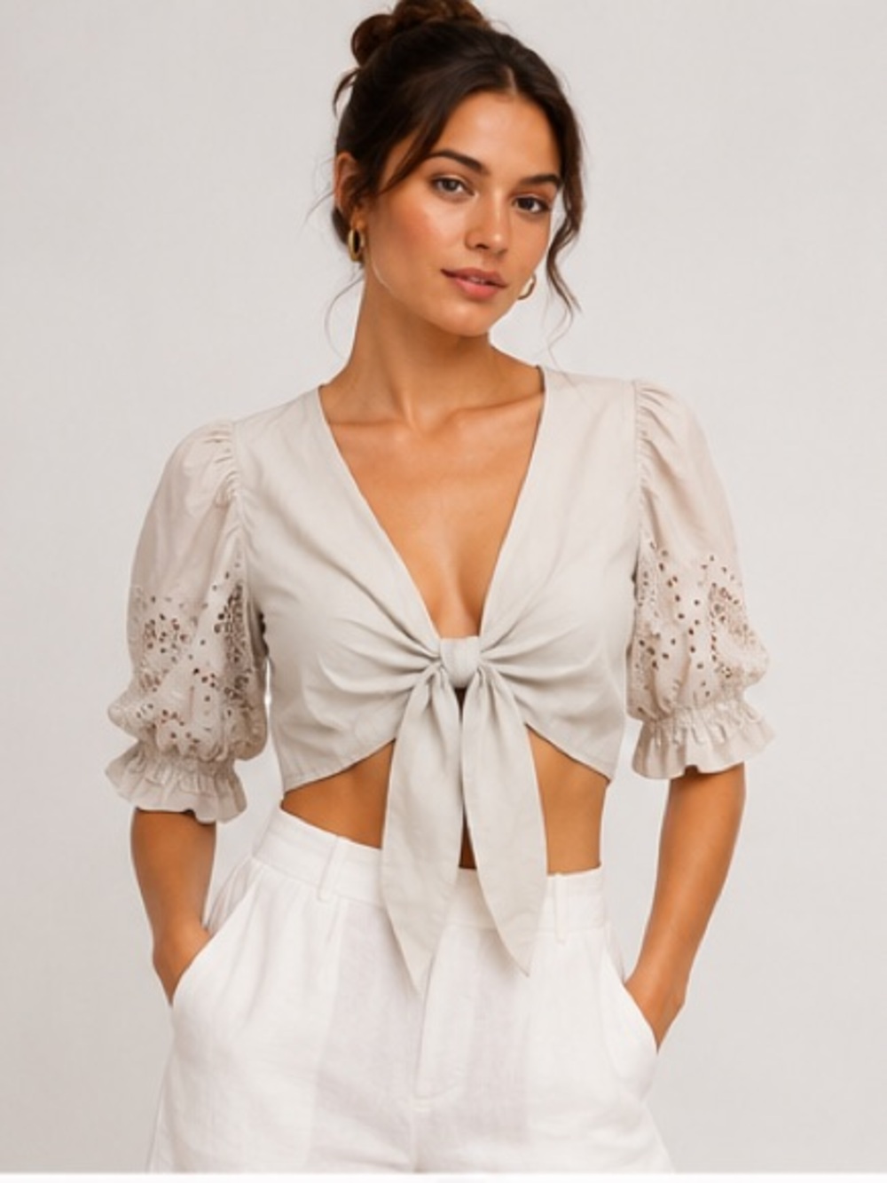 Zara White Eyelet Puff Sleeve Tie Front Crop Top Size Small